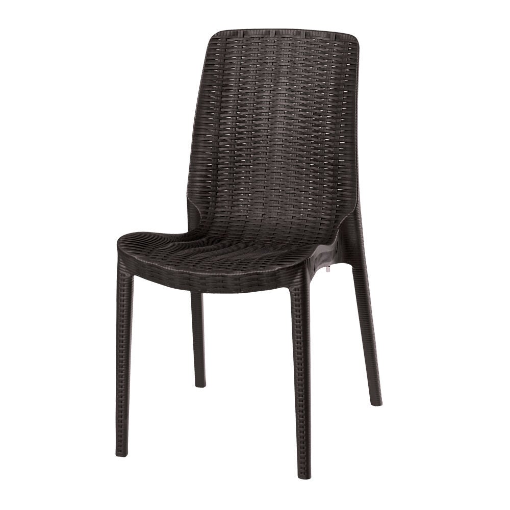 Dark brown stackable outdoor dining chair with woven pattern