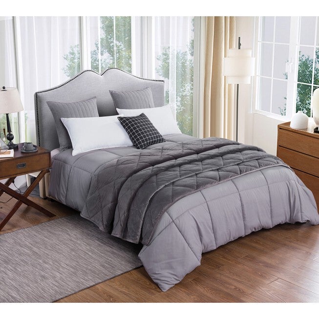 2pc Velvet Blanket & Down Alternative Comforter Set, Gray, DARK GREY, hi-res image number 0