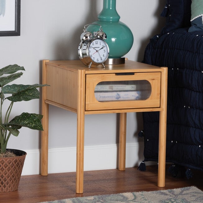 Naresh Mid-Century Modern Transitional Natural Brown Bamboo Wood 1-Drawer End Table, , alternate image number null