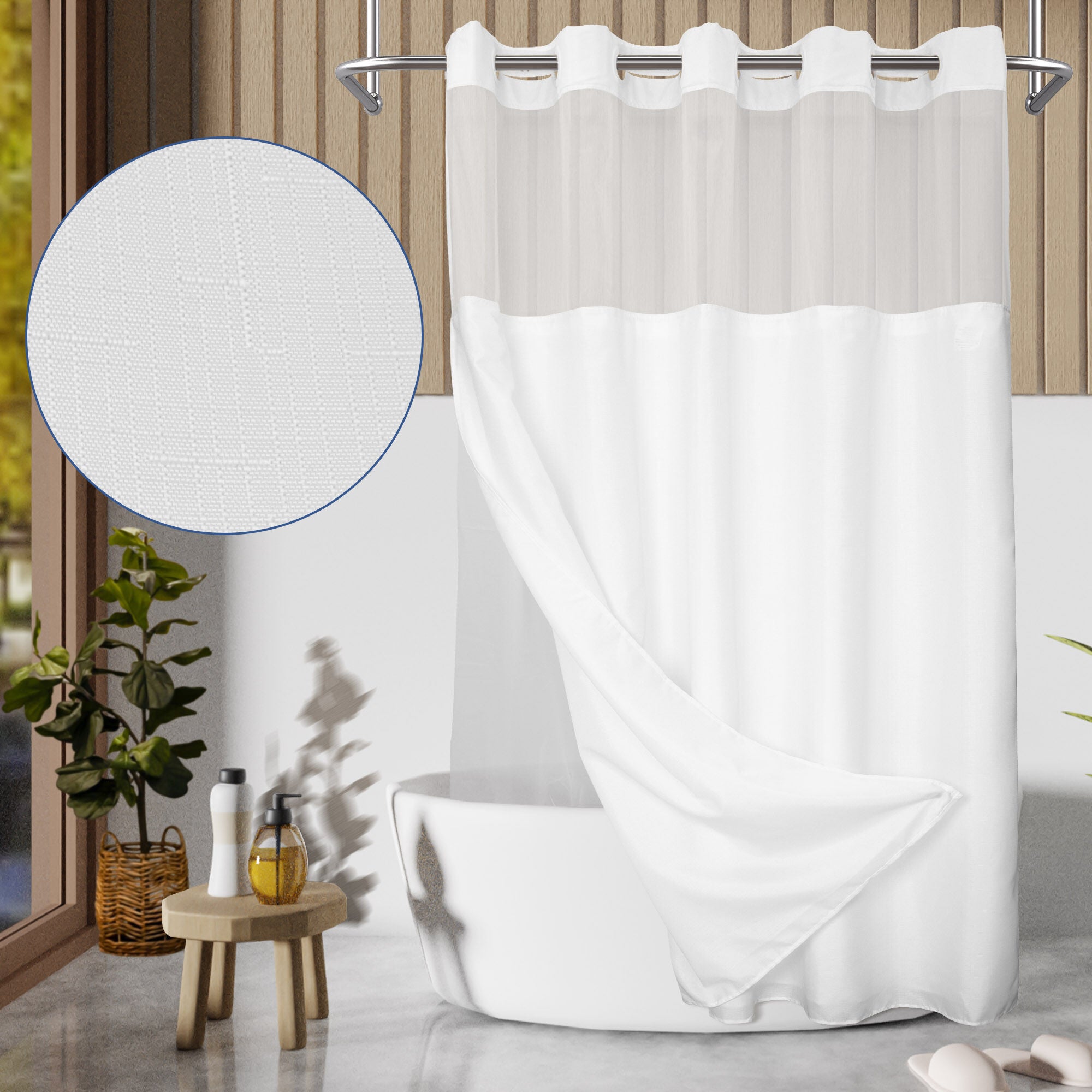 No Hook Slub Linen Texture Shower Curtain with Peva Snap-in Liner, WHITE, hi-res image number 0