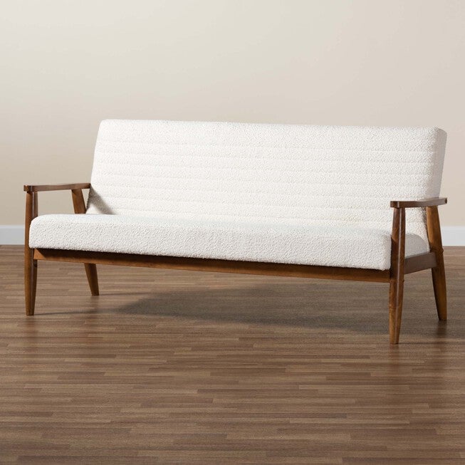 Stratton Mid-Century Modern Cream Boucle Fabric And Walnut Brown Finished Wood Sofa, , alternate image number 7