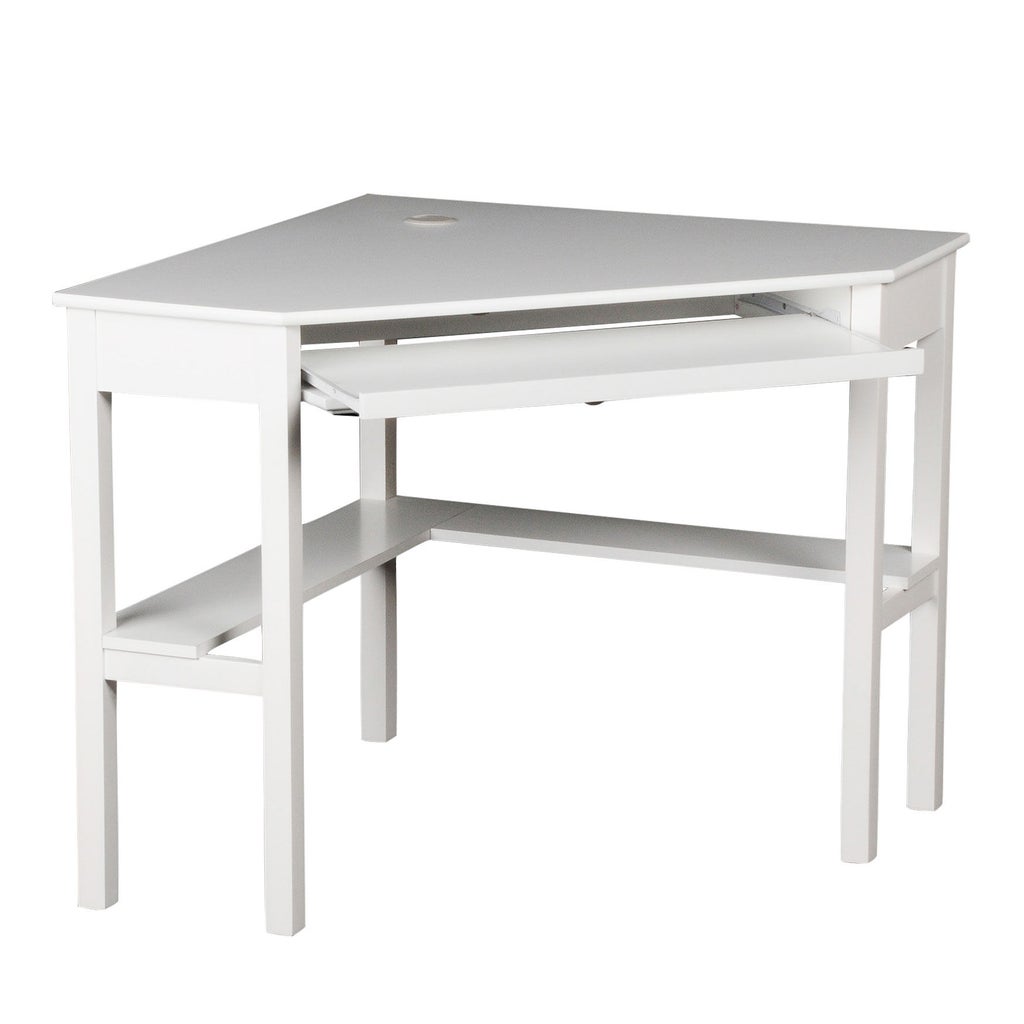 White corner desk with shelf and angled top