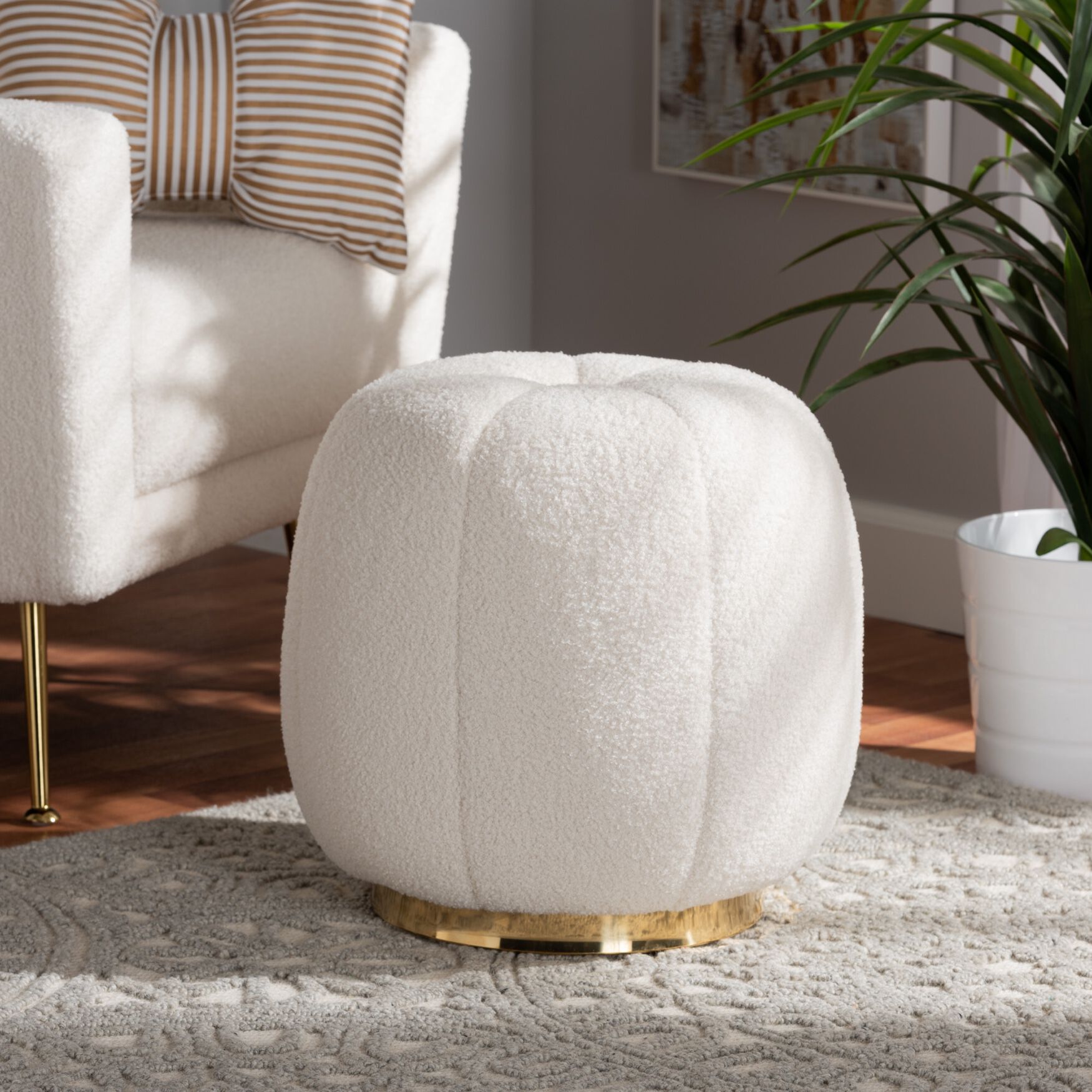 Raelynn Modern And Contemporary Ivory Boucle Upholstered And Gold Metal Ottoman, , alternate image number 4