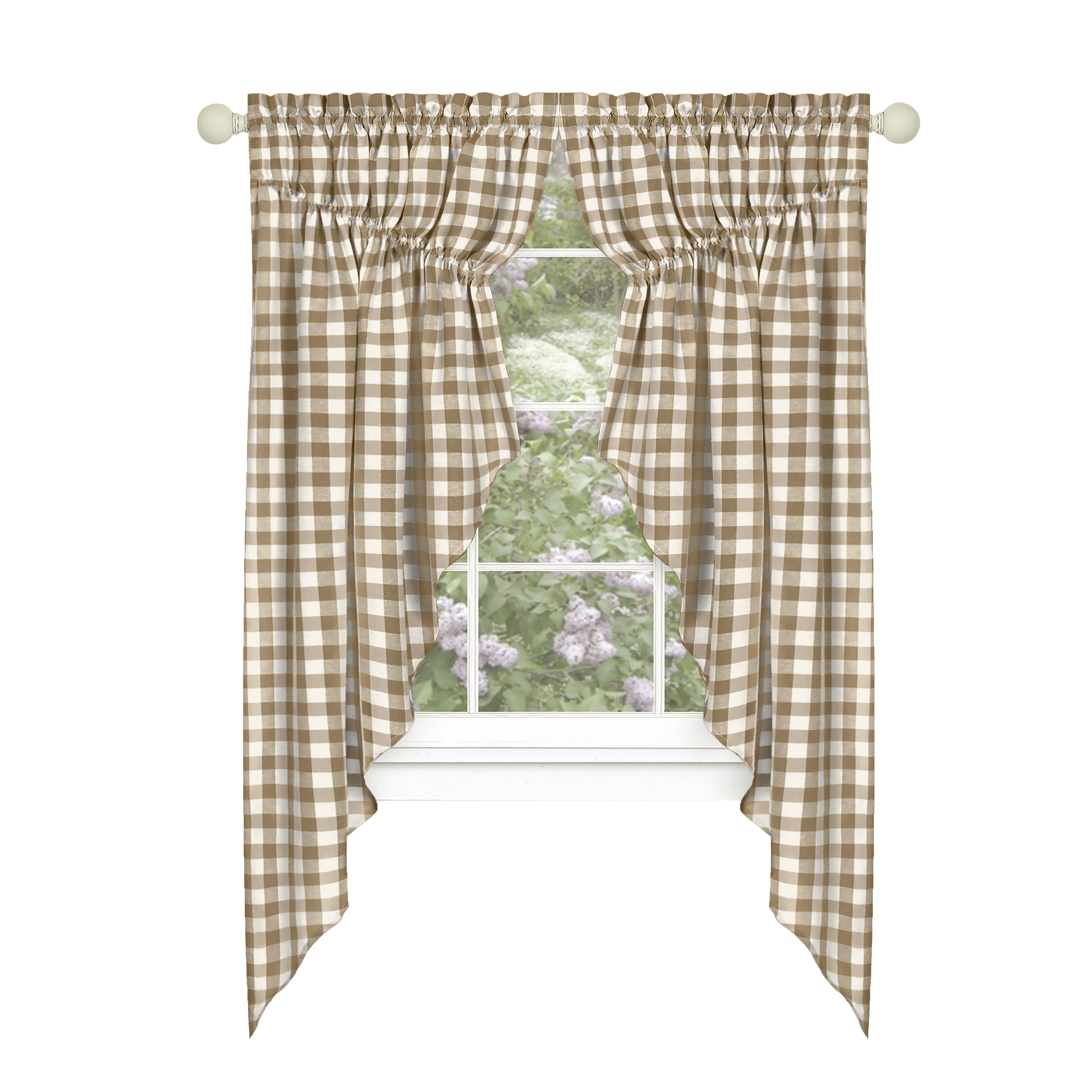 Buffalo Check Gathered Swag Window Curtain Pair, TAUPE, alternate image number 1
