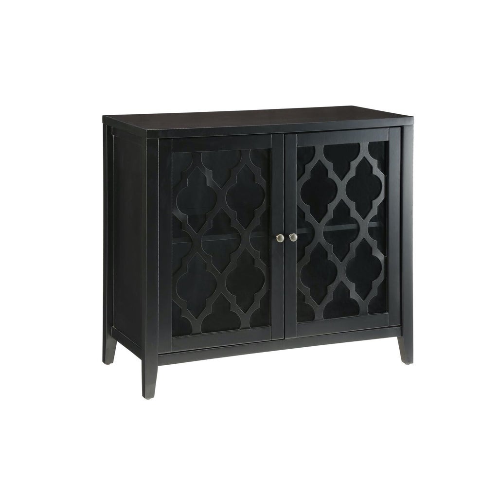 angled view of black cabinet with decorative glass doors