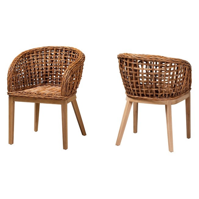 Mario Modern Bohemian Natural Brown Finished Teak Wood And Rattan 2-Piece Dining Chair Set, NATURAL BROWN RATTAN, hi-res image number 0