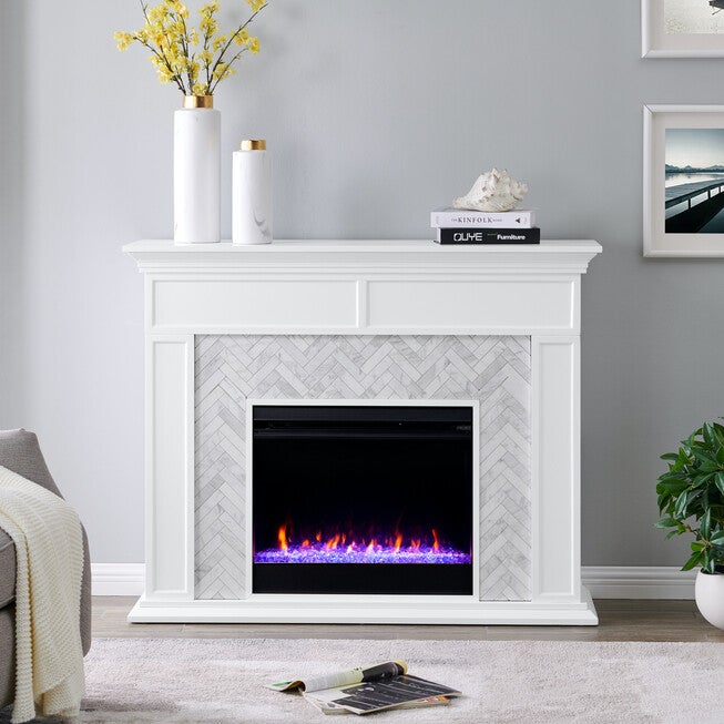 Torlington Color Changing Marble Tiled Fireplace, WHITE, hi-res image number null