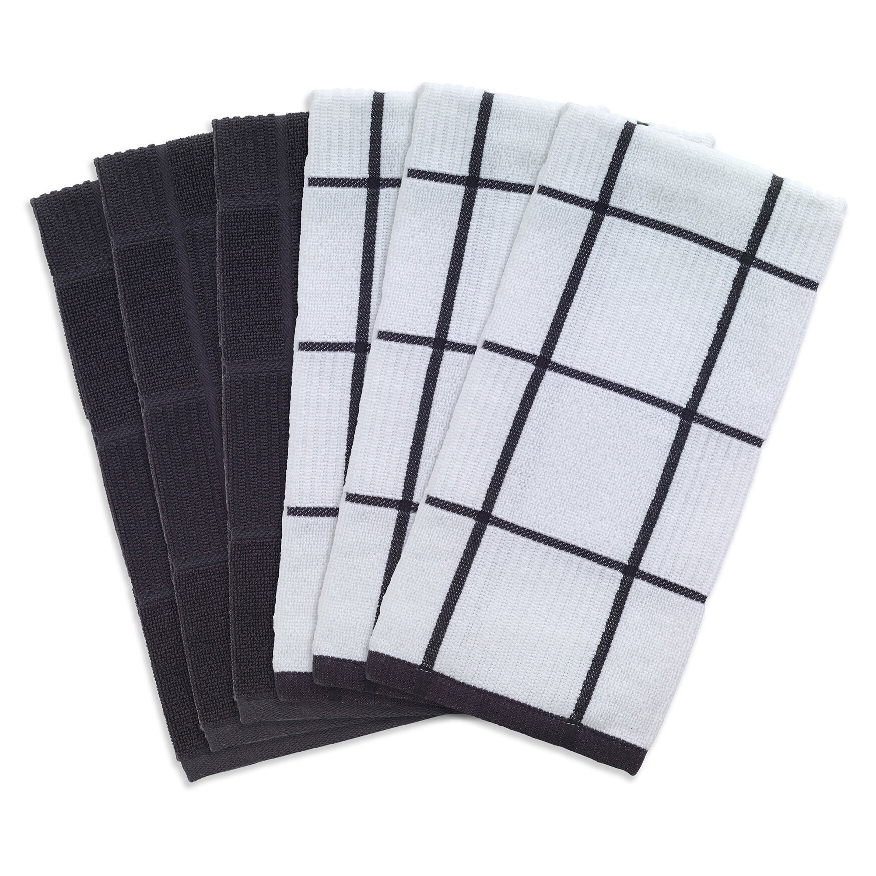 Solid And Check Parquet Kitchen Towel, Six Pack, CHARCOAL, hi-res image number 0