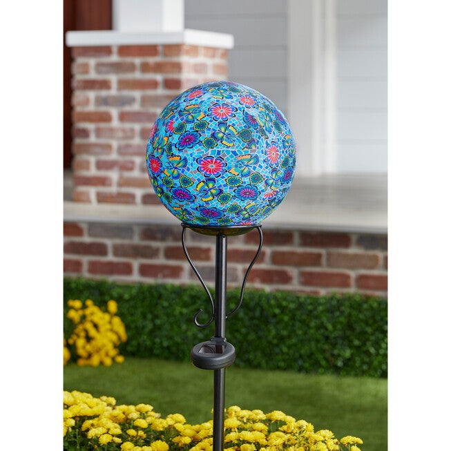 Pre-Lit Mosaic Garden Orb with Stand, BLUE, hi-res image number 0