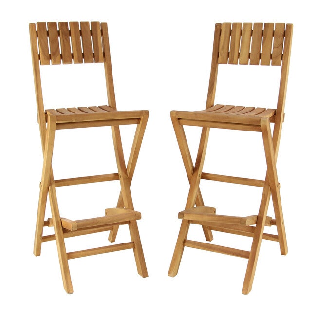 Set Of 2 Brown Teak Wood Traditional Bar Stool, BROWN, hi-res image number 0