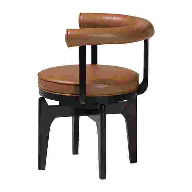 Delacruz swivel dining chair with brown leather upholstery and black frame, shown from a side angle.