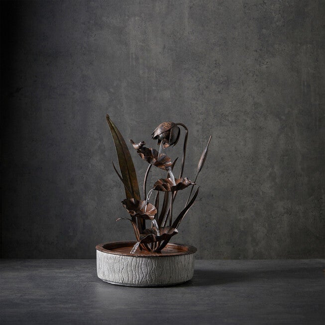 Brushed Metal Floral Fountain With Bird Accents 24 inchesH, , on-hover image number null