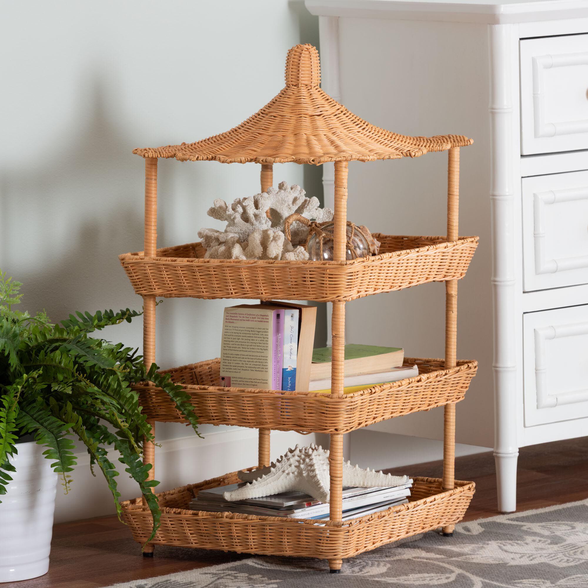 Asante Natural Rattan 3-Tier Display Shelf with Pagoda Top, HONEY, hi-res image number 0