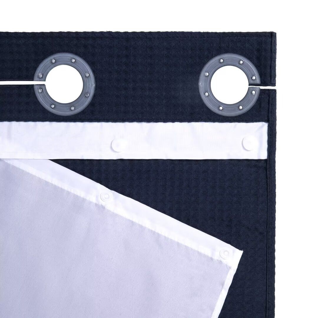 No Hook Cotton Blend Waffle Woven Shower Curtain with Snap-in Liner, NAVY BLUE, on-hover image number 1