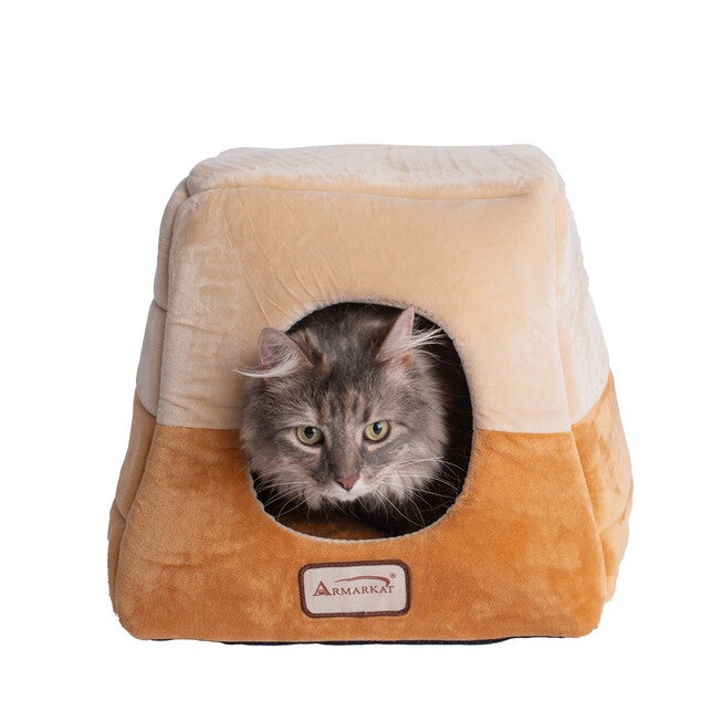 2-In-1 Cat Bed Cave Shape And Cuddle Pet Bed, Brown Beige, BROWN BEIGE, hi-res image number 0