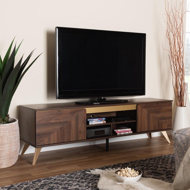 Graceland Mid-Century Modern Transitional Walnut Brown Finished Wood 2-Door TV Stand, GOLD, hi-res image number null