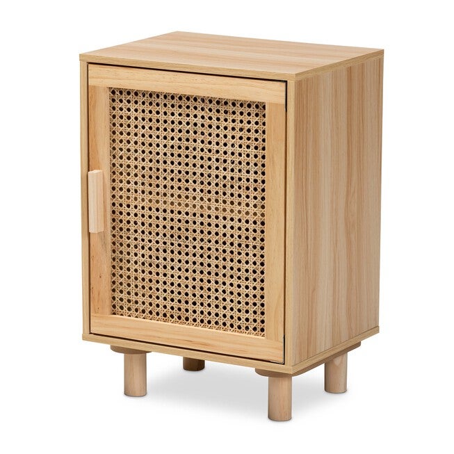Maclean Mid-Century Modern Rattan And Natural Brown Finished Wood 1-Door Nightstand, BEIGE NATURAL BROWN, hi-res image number null
