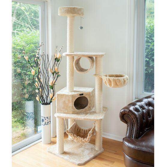 Real Wood 72" Cat Tower Entertainment Furniture With Lounge Basket, Perch, , on-hover image number null
