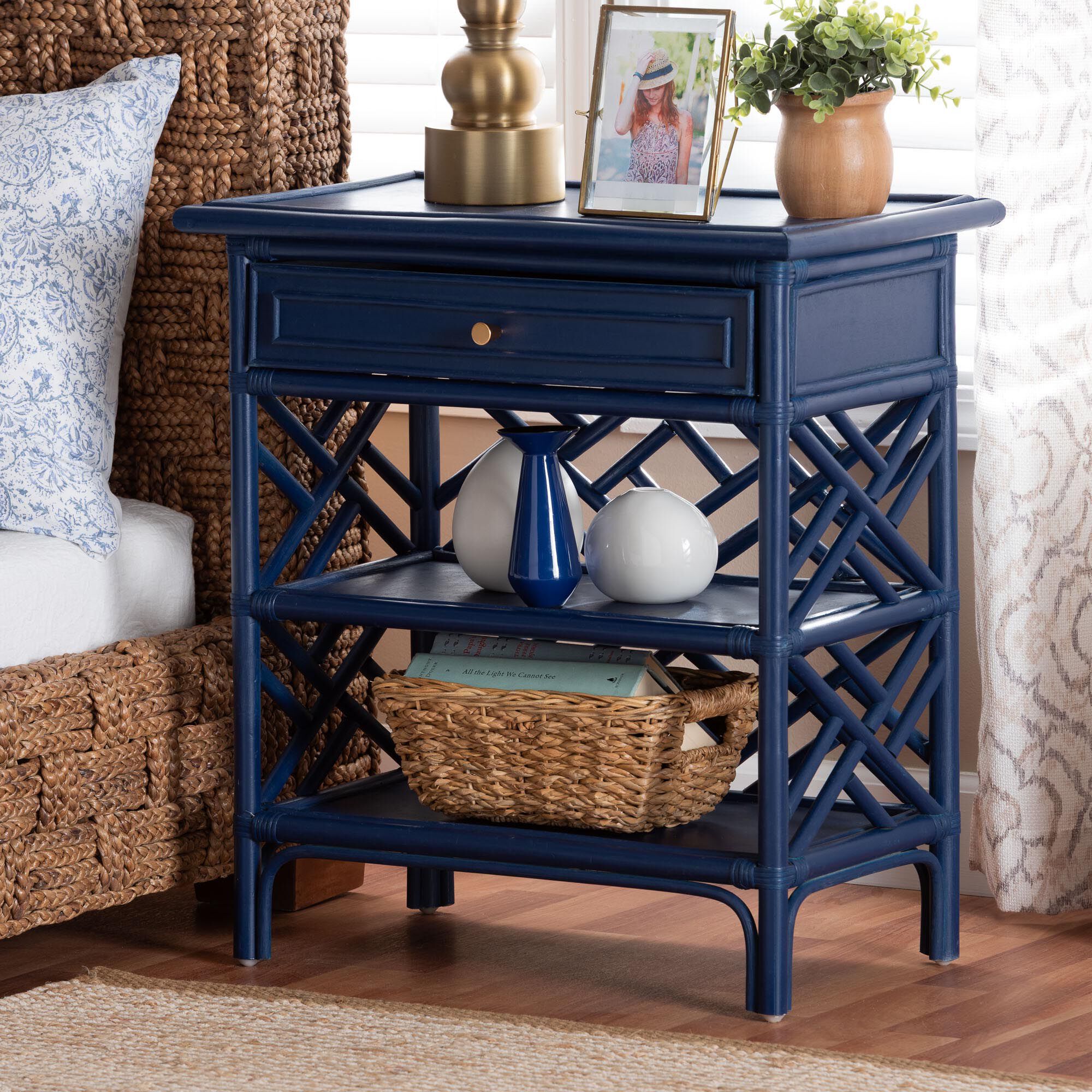 Tiaret Natural Rattan Nightstand, White, BLUE, hi-res image number 0