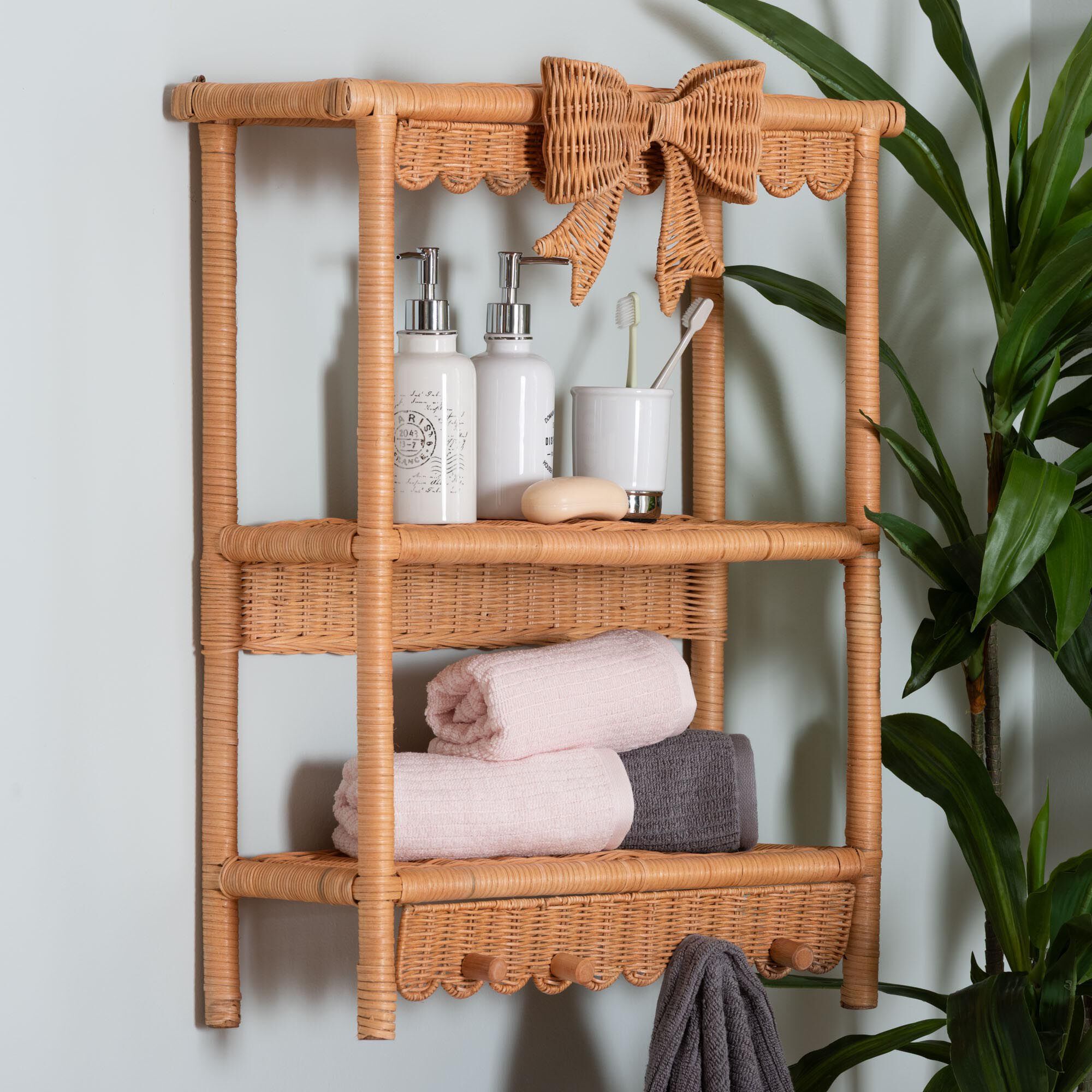 Creusa Natural Rattan 2-Tier Wall Shelf with Bow Detail, HONEY, hi-res image number 0