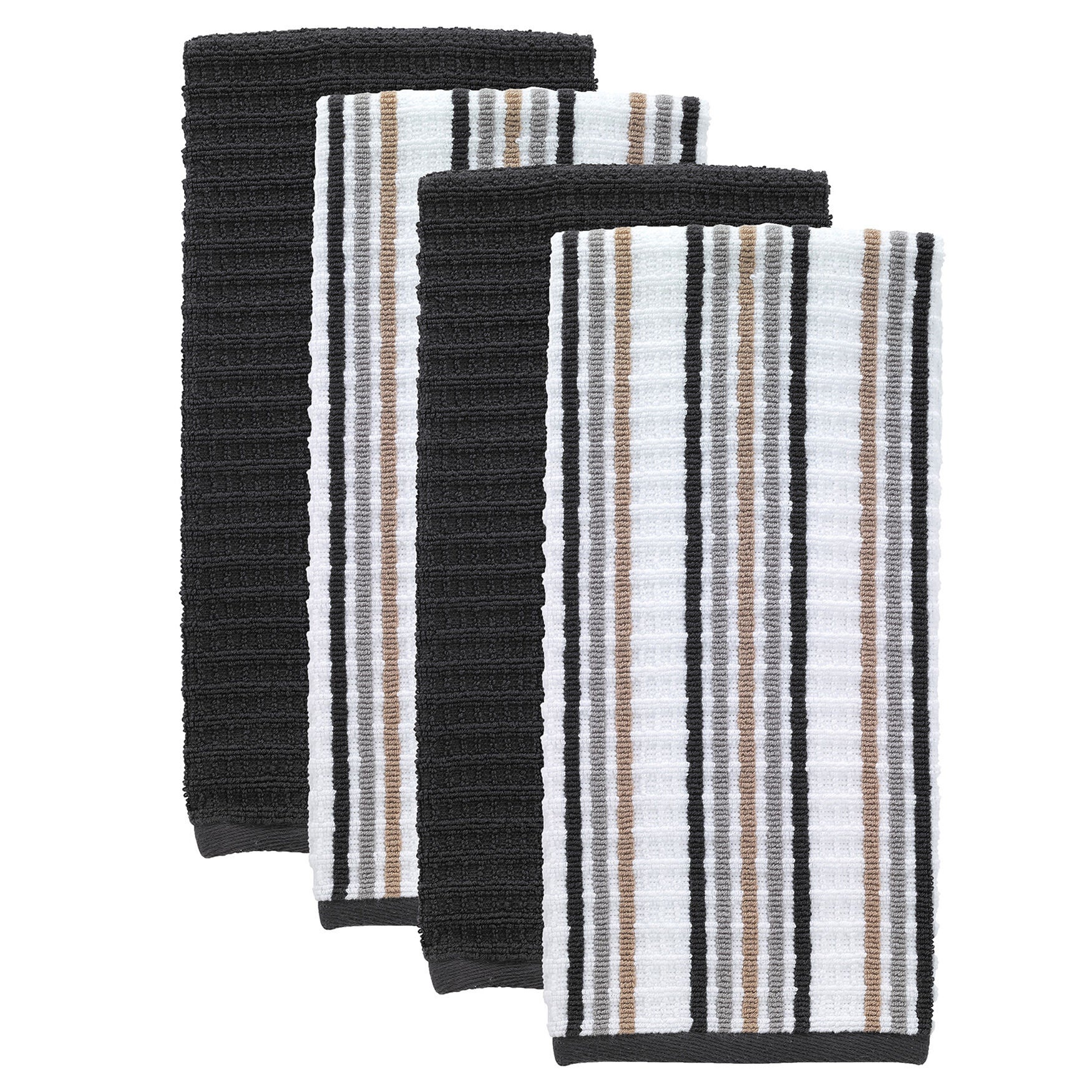 Solid & Stripe Waffle Terry Kitchen Towels, Set Of 4 Towel, NEUTRAL CHARCOAL, hi-res image number 0