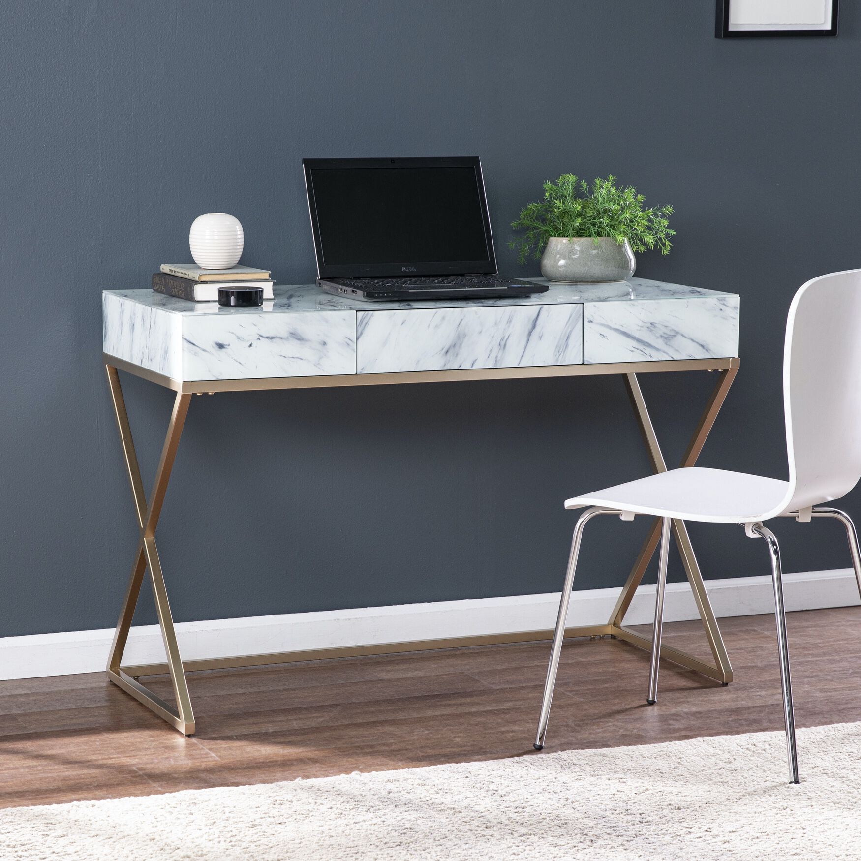 Kamblemore Faux Marble Writing Desk W Storage, GRAY, hi-res image number 0