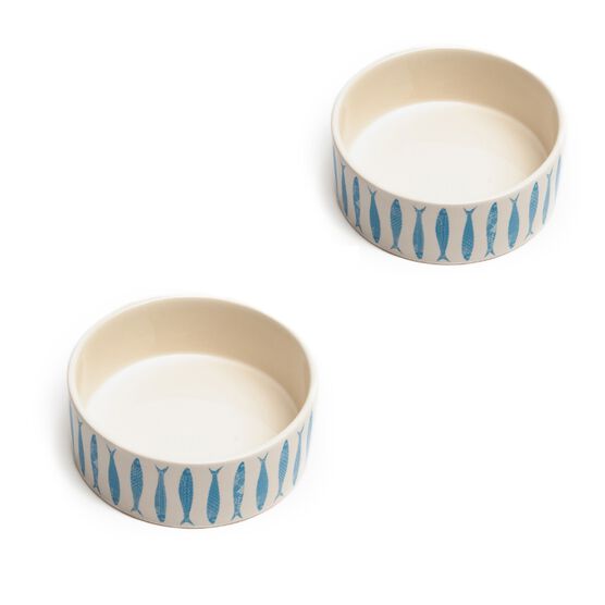 Set Of 2 Faro Round Pet Cat Dishes, TURQUOISE WHITE, hi-res image number null
