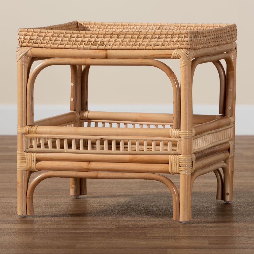 Natural rattan end table with open shelves and woven top