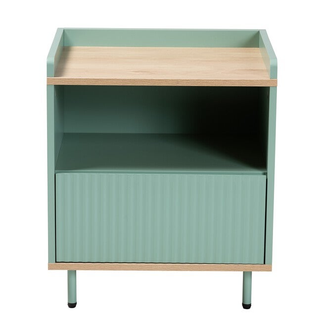 Tavita Mid-Century Modern Two-Tone Mint Green And Oak Brown Finished Wood 1-Drawer End Table, , alternate image number null