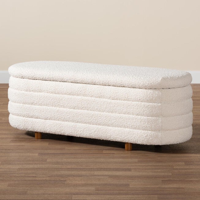 Betiana Modern Japandi Cream Boucle Fabric And Walnut Brown Finished Wood Storage Bench, , alternate image number null