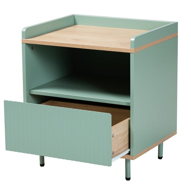 Tavita Mid-Century Modern Two-Tone Mint Green And Oak Brown Finished Wood 1-Drawer End Table, , on-hover image number null