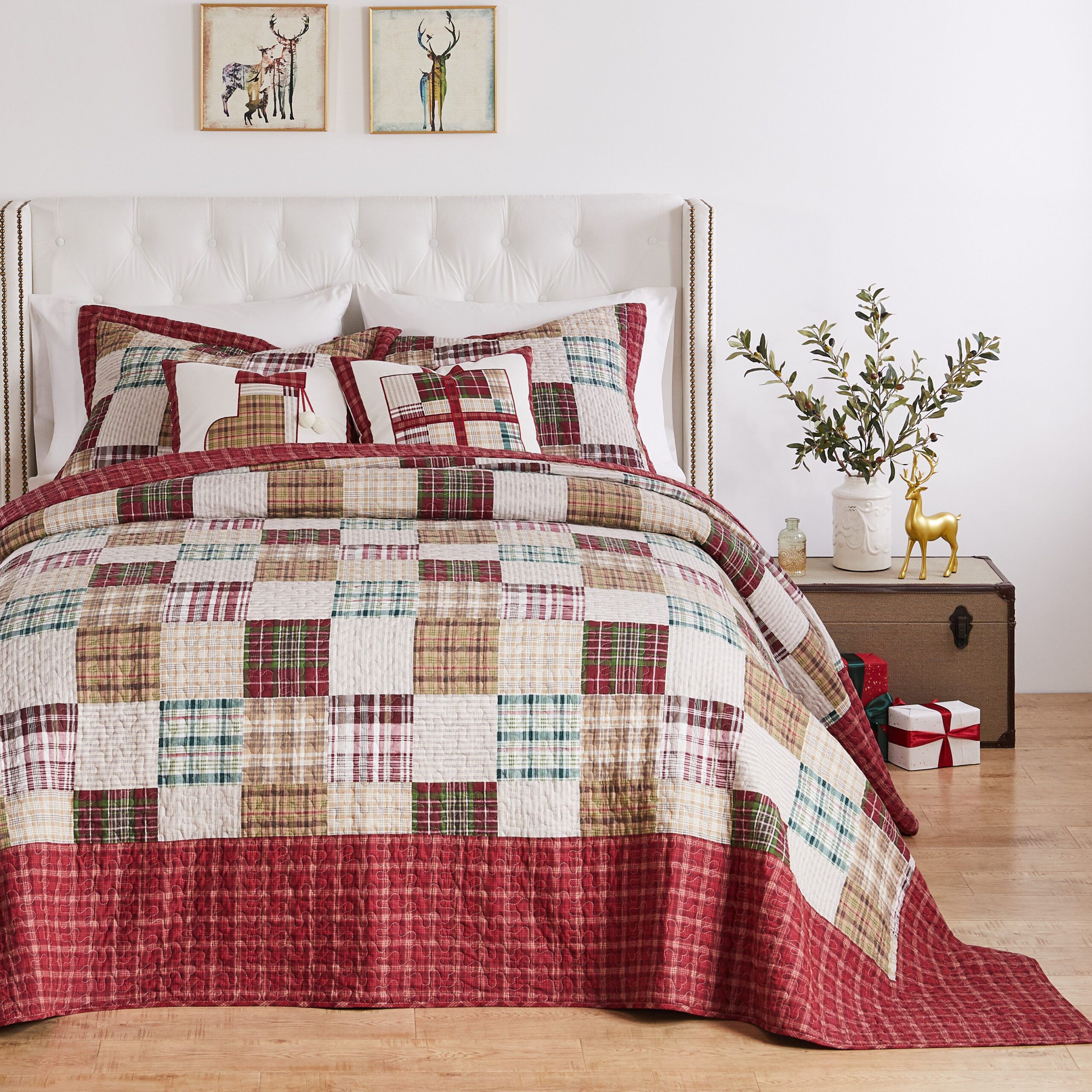 Oxford Reversible Cotton-Rich Bedspread Set, RED, alternate image number 1