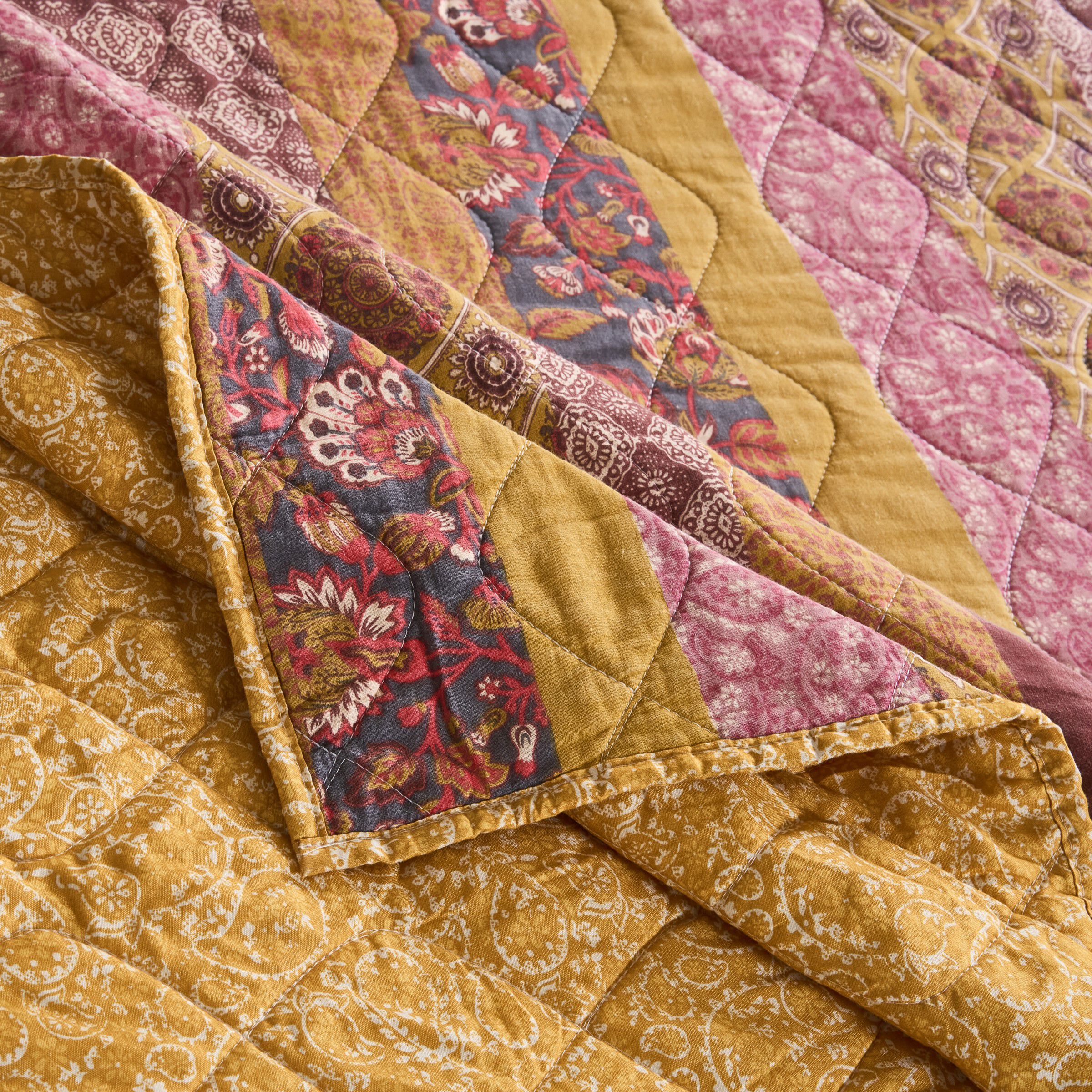 Marigold Floral Patchwork Stripes Quilted Throw Blanket, SUNSET, alternate image number 3
