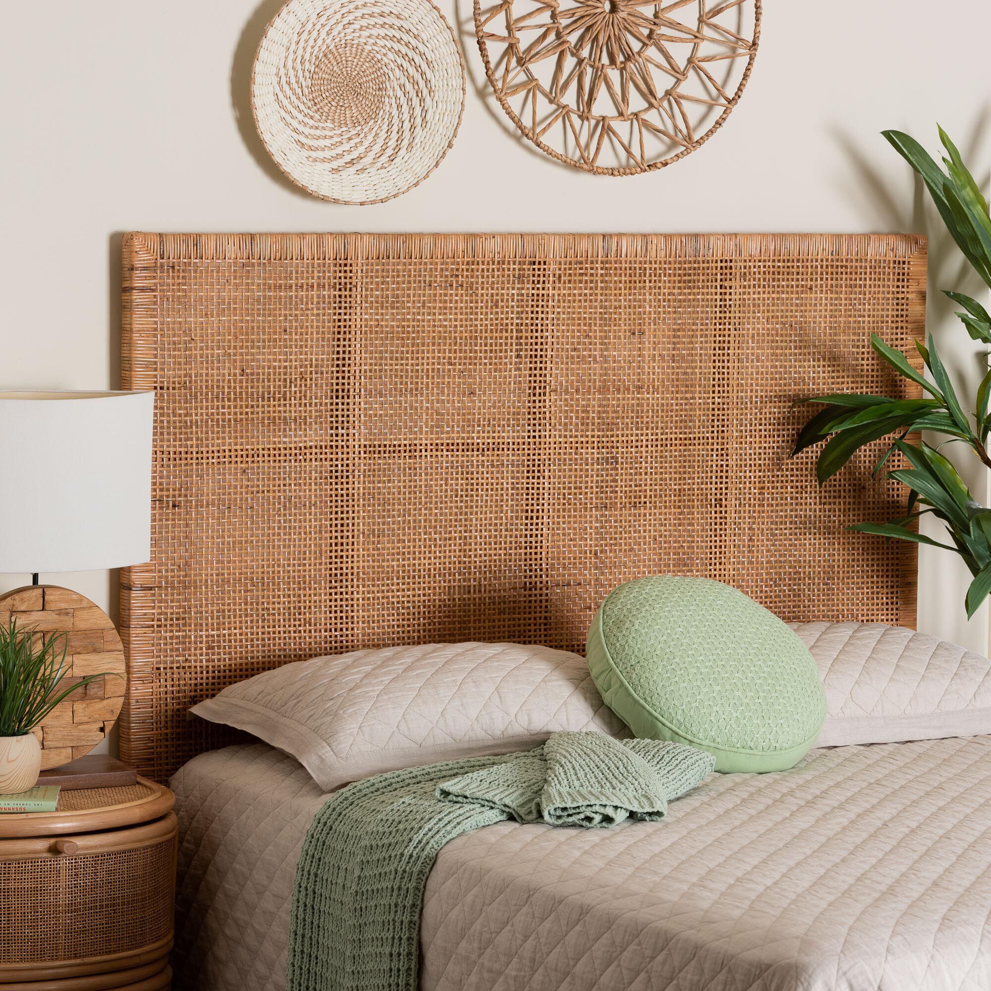 Lesia Bohemian Natural Rattan and Mahogany Wood Queen Size Headboard, LIGHT, hi-res image number 0