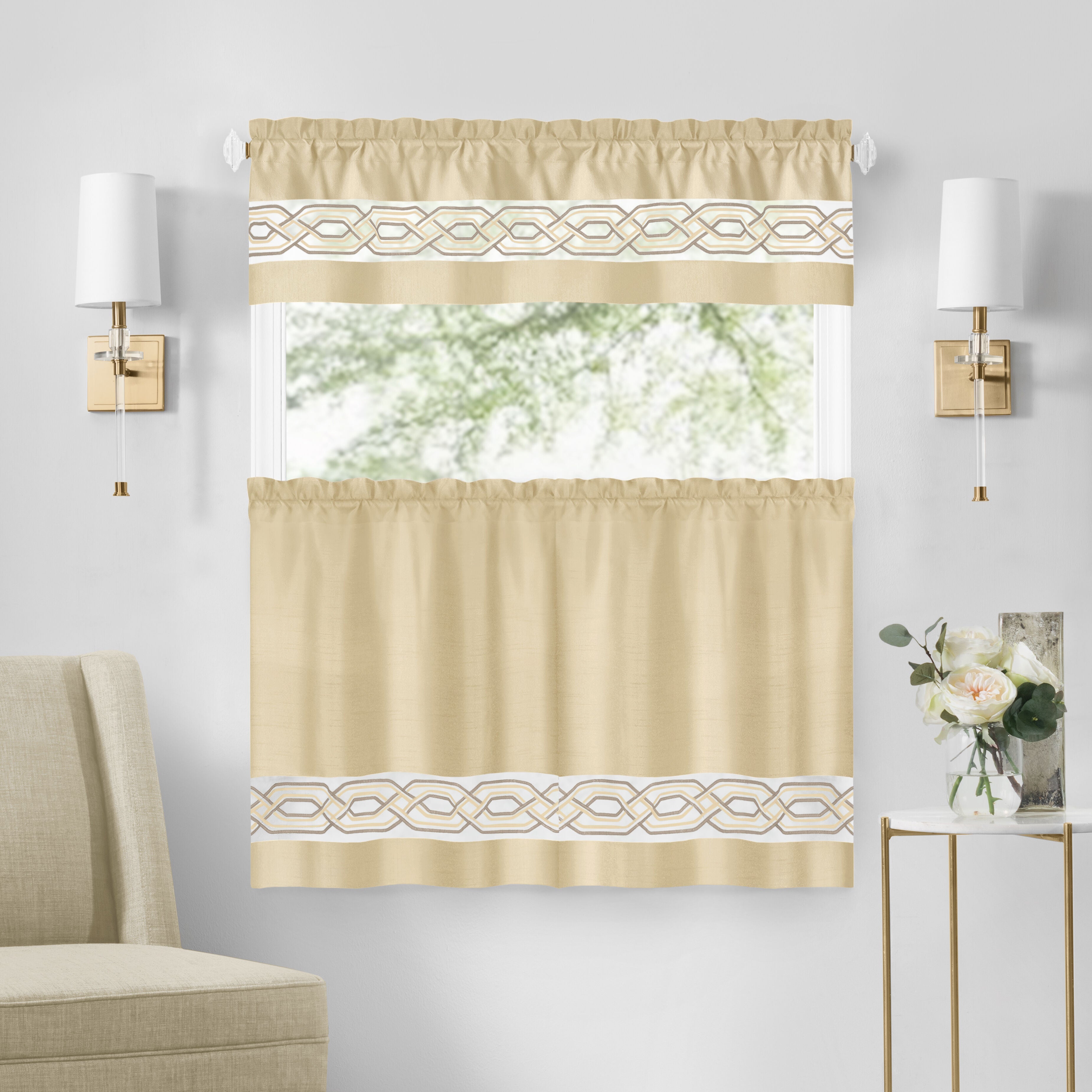 Paige Tier and Valance Window Curtain Set, TAN, hi-res image number 0