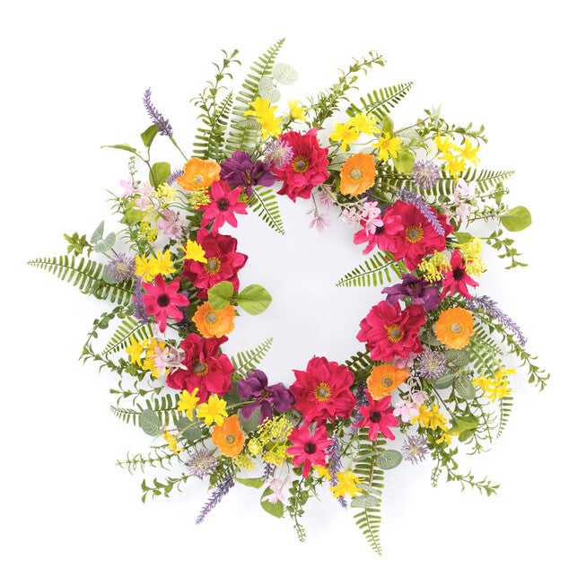 Mixed Fern And Wildflower Floral Wreath 23 inchesD, YELLOW, hi-res image number null