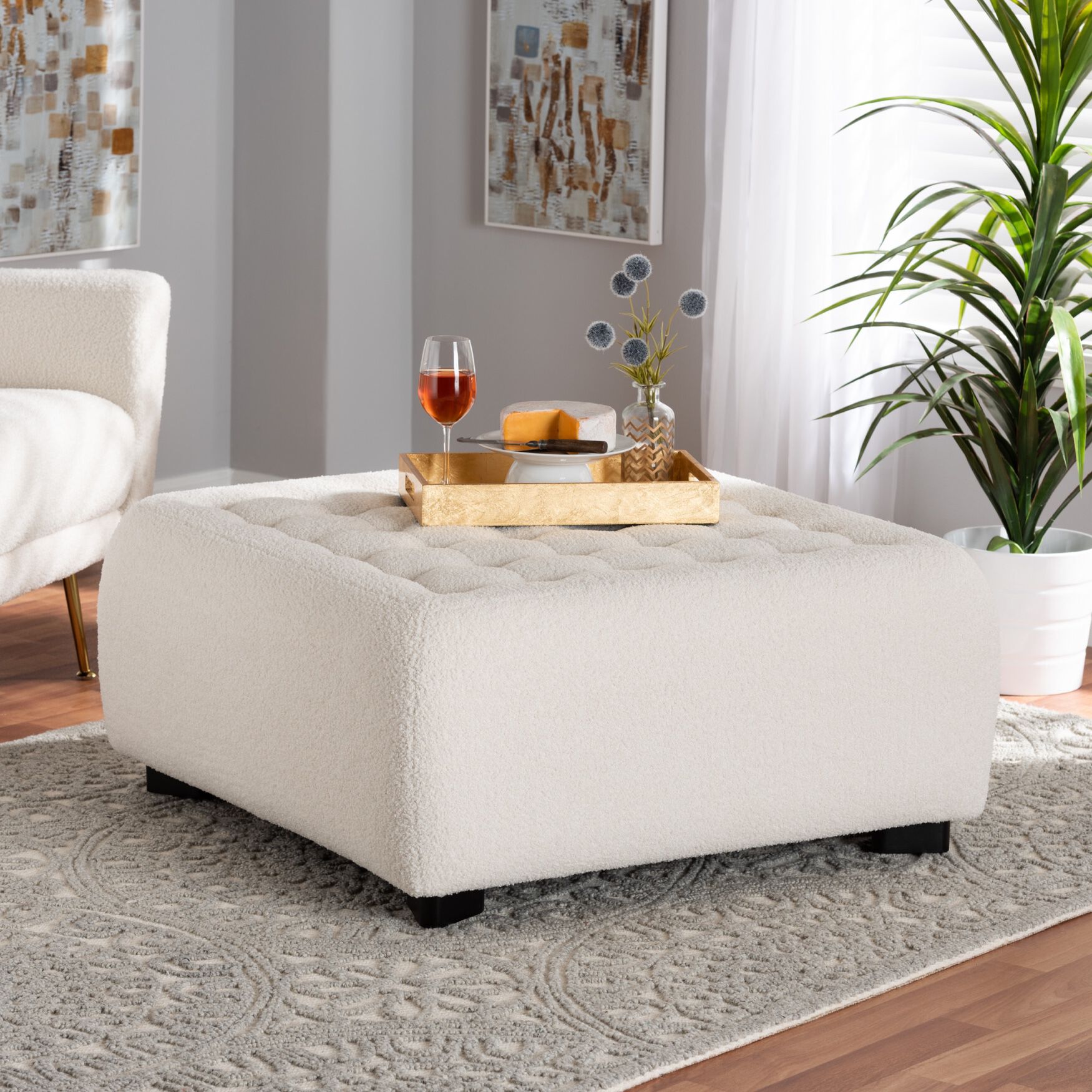 Athena Modern And Contemporary Ivory Boucle Upholstered And Black Finished Wood Square Ottoman, , alternate image number 5