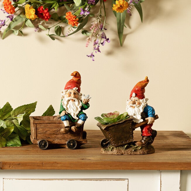 Garden Gnome Figurine With Wagon And Wheelbarrow (Set Of 2), , on-hover image number 1
