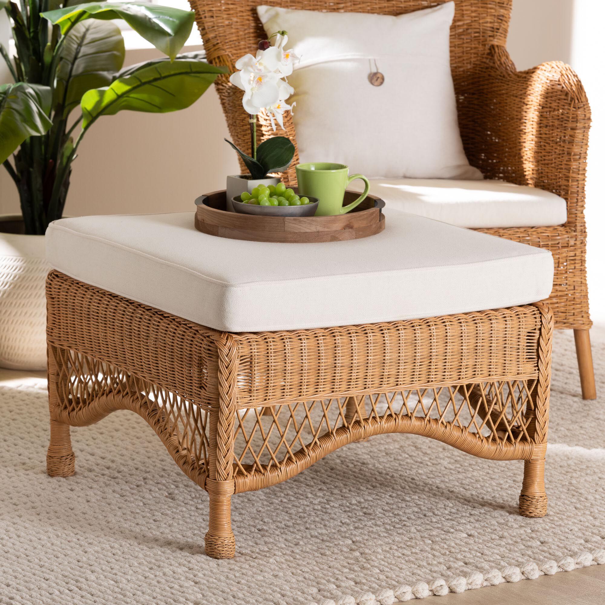 Brooklyn Bohemian Light Honey Braided Rattan Ottoman Stool, HONEY, hi-res image number 0