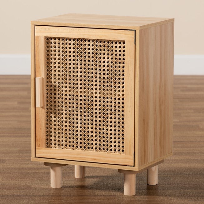 Maclean Mid-Century Modern Rattan And Natural Brown Finished Wood 1-Door Nightstand, , alternate image number null