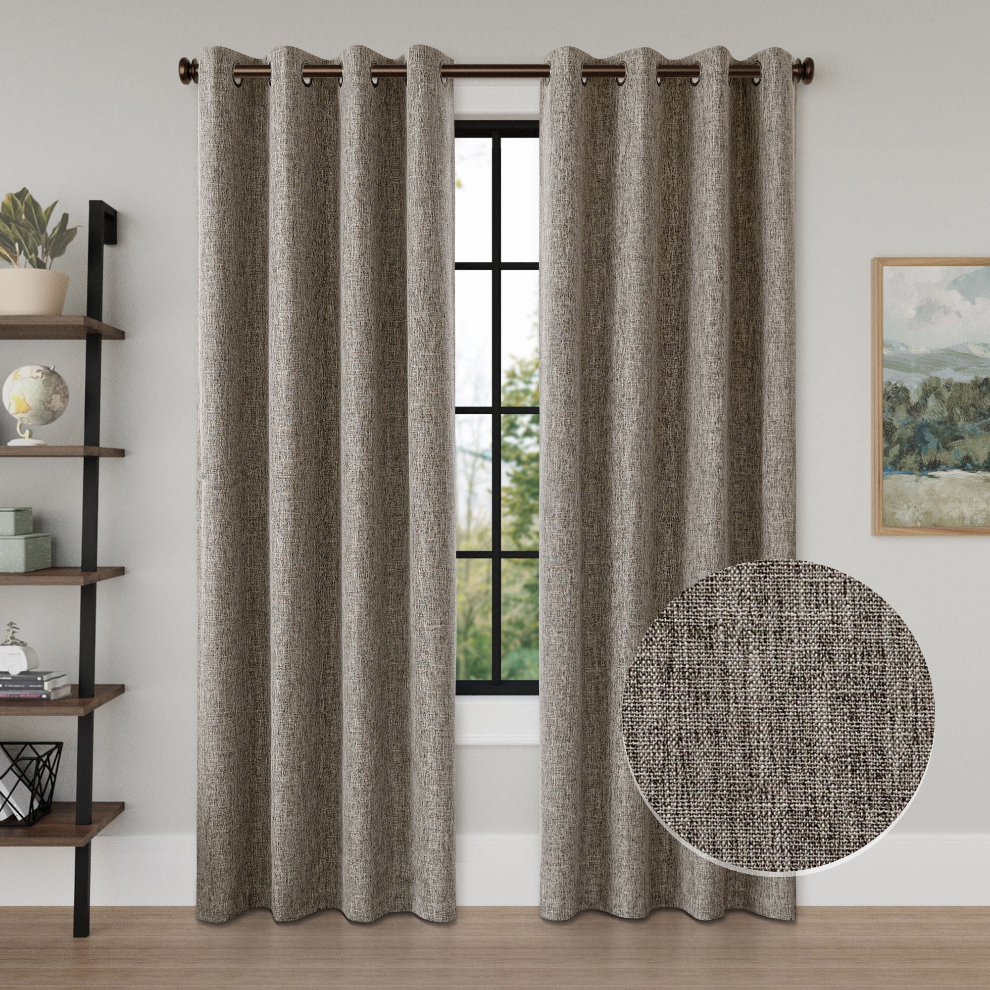 Linen Texture 100% Blackout Grommet Pair, HEATHER COFFEE, hi-res image number 0