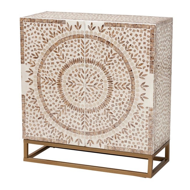 Ercilia Modern Bohemian White and Rustic Brown Mother of Pearl Storage Cabinet, WHITE, alternate image number 2