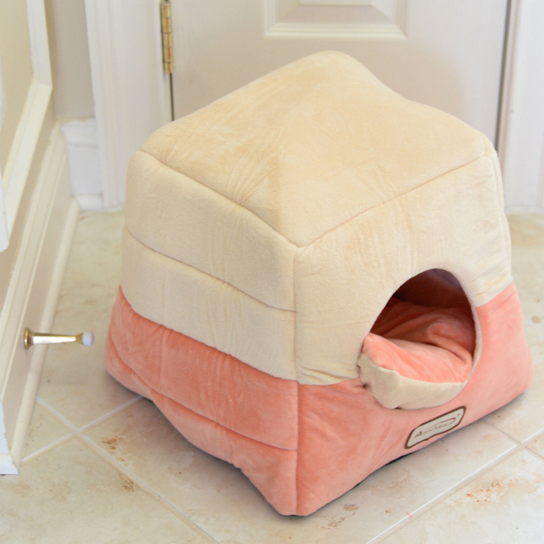 2-In-1 Cat Bed Cave Shape And Cuddle Pet Bed, Orange Beige, , alternate image number 4