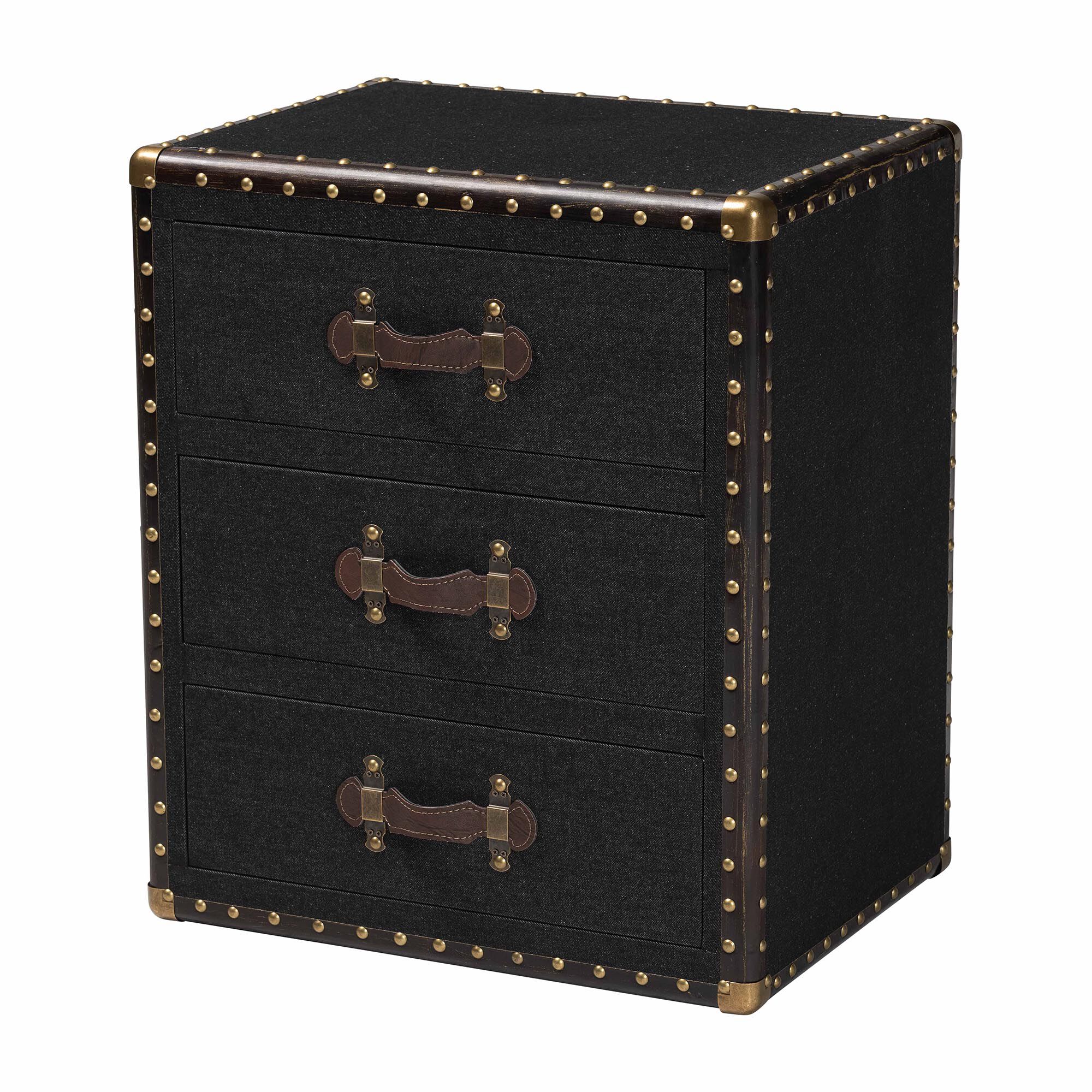 Black canvas end table with three drawers on a white background