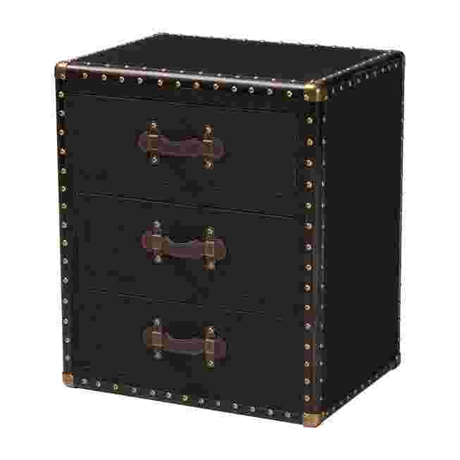 Black canvas end table with three drawers on a white background