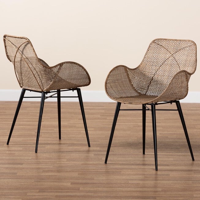 Ballerina Modern Bohemian Greywashed Rattan And Natural Brown Finished Wood 2-Piece Dining Chair Set, , alternate image number 14
