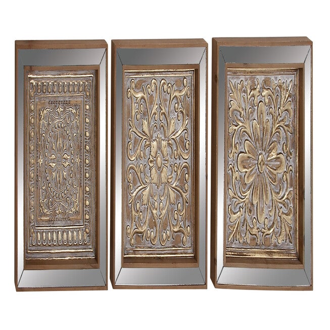 Set Of 3 Brown Metal Glam Floral Wall Décor, BROWN, hi-res image number 0