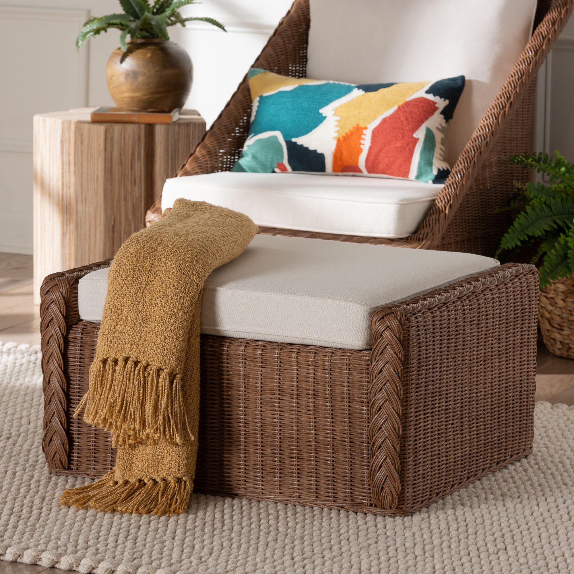 Derris Bohemian Peanut Brown Braided Rattan Footstool, BROWN, alternate image number 6