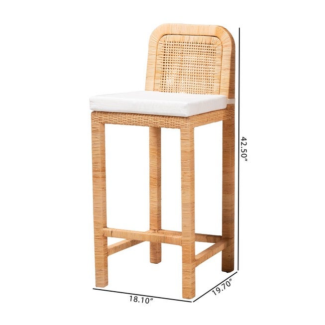 Zariah Modern Bohemian Natural Brown Rattan And Mahogany Wood Bar Stool, , alternate image number null