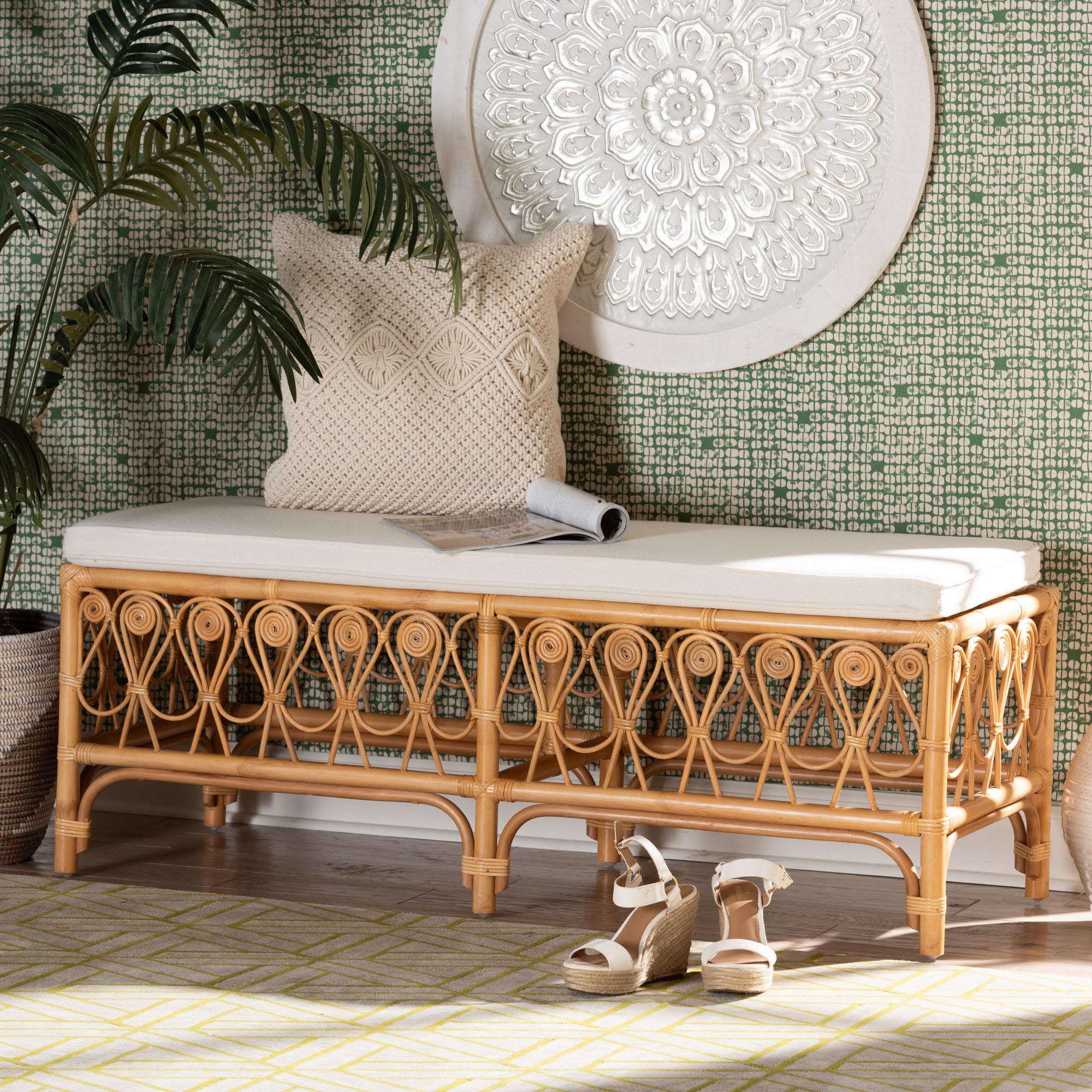 Ibiza Modern bohemian Natural Brown Rattan Bench, WHITE, alternate image number 7